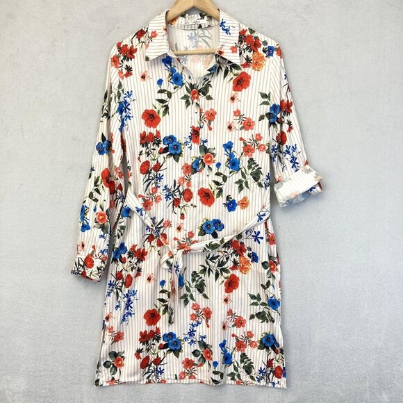 Grifflin Paris Shirt Dress Womens Medium Floral Long Sleeve Belted Roll Cuff - Picture 1 of 13